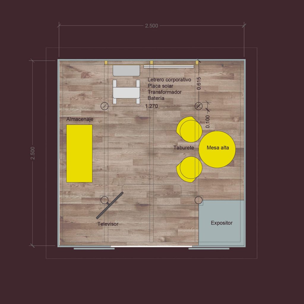01-DISEÑO-OCTOPUS-ENERGY-REBEL-CAPYBARA Plano coloreado de diseño del puesto de informacion de Octopus Energy. Por Rebel Capybara Studio.