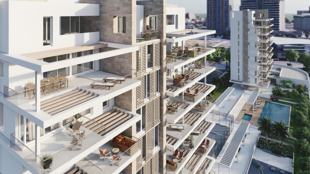 01-VIVIENDA-VACACIONAL-REBEL-CAPYBARA Render exterior de fachada en edificio de viviendas en Calpe, viendo los aticos con grandes terrazas y mallorquinas de madera.Por Rebel Capybara Studio.