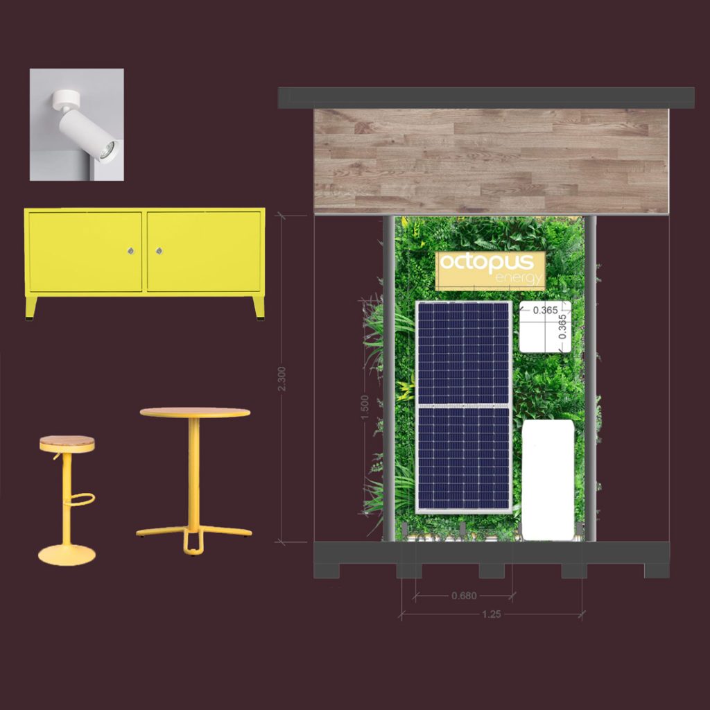 02-DISEÑO-OCTOPUS-ENERGY-REBEL-CAPYBARA Plano coloreado de diseño del puesto de informacion de Octopus Energy. Por Rebel Capybara Studio.