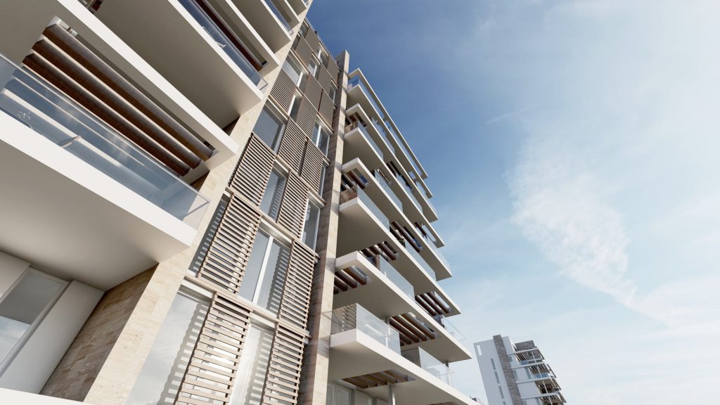 03-VIVIENDA-VACACIONAL-REBEL-CAPYBARA Render exterior de fachada en edificio de viviendas en Calpe, con grandes terrazas y mallorquinas de madera.Por Rebel Capybara Studio.