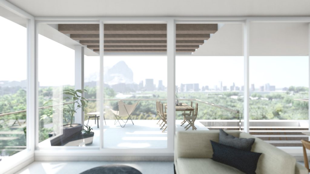 04-VIVIENDA-VACACIONAL-REBEL-CAPYBARA Render interior de apartamento en Calpe, con vistas al peñon de Ifach. Por Rebel Capybara Studio.