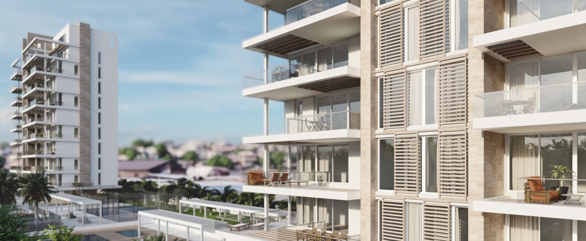 Render exterior de fachada en edificio de viviendas en Calpe, con grandes terrazas y mallorquinas de madera.Por Rebel Capybara Studio.