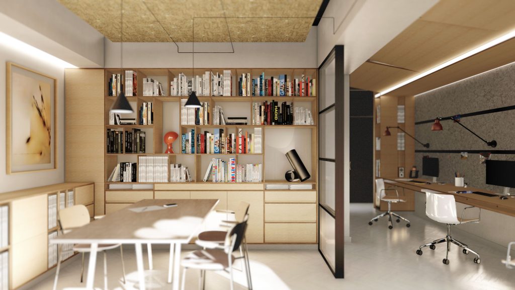 DESIGN-OFICINA-REBEL-CAPYBARA Render interior realista de despacho de arquitectura. Estanterías de madera con muchos libros y puestos de trabajo. Por Rebel Capybara Studio.