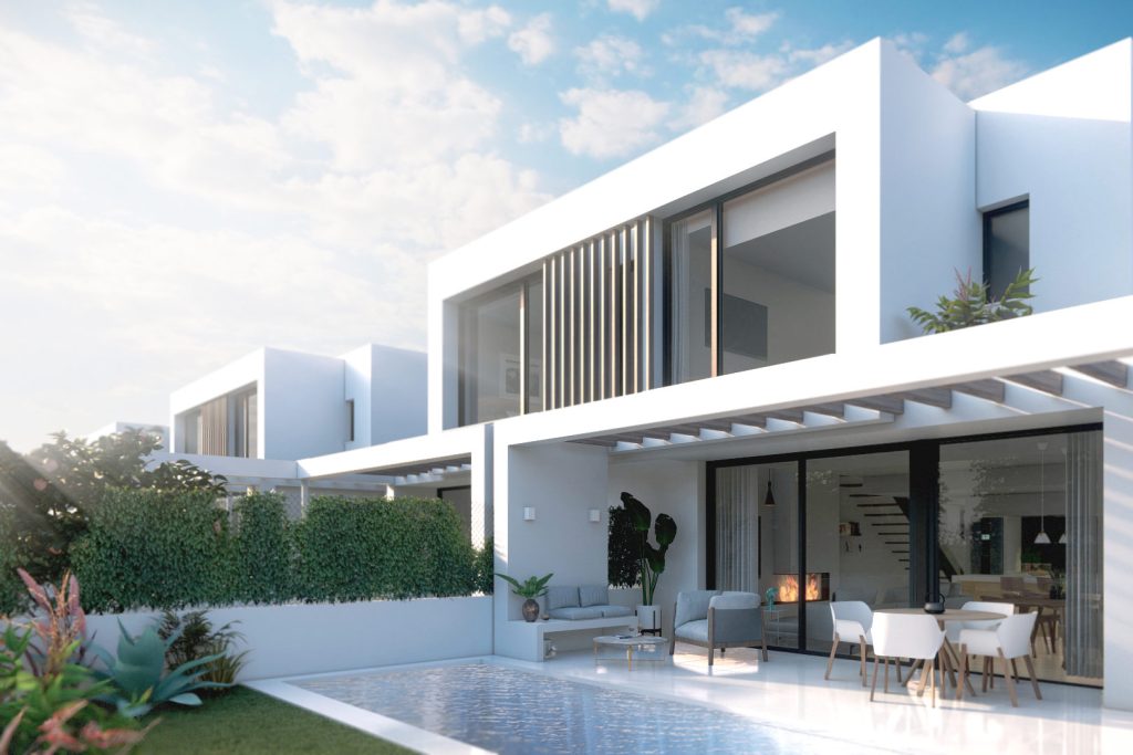 PAREADO-LUJO-REBEL-CAPYBARA Render exterior para promoción inmobiliaria de pareados torreenconill con piscina. Por Rebel Capybara Studio.