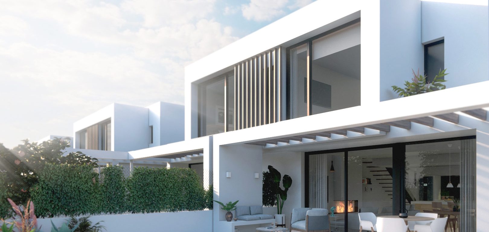 Render exterior para promoción inmobiliaria de pareados torreenconill con piscina. Por Rebel Capybara Studio.