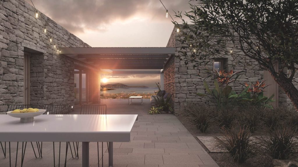 PUESTA-SOL-MAR-REBEL-CAPYBARA Render del atardecer desde terraza privada en villa griega, con jardín y luces festivas. Por Rebel Capybara Studio.