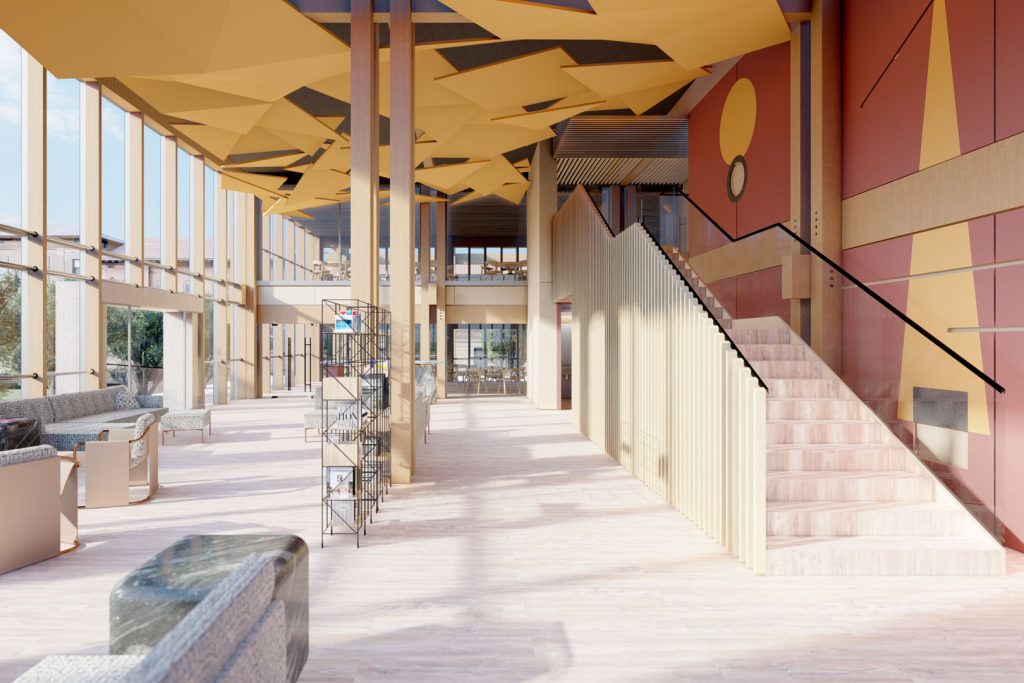 RENDER-DOTACIONAL-INTERIOR-REBEL-CAPYBARA Render interior recepción de una biblioteca, con paredes y estructura de madera y paneles coloridos. Por Rebel Capybara Studio.