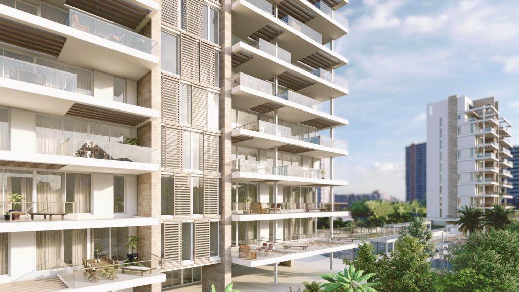 RENDER-PROMOCION-INMOBILIARIA-REBEL-CAPYBARA Render exterior de fachada en edificio de apartamentos en Calpe, con grandes terrazas y mallorquinas de madera. Por Rebel Capybara Studio.