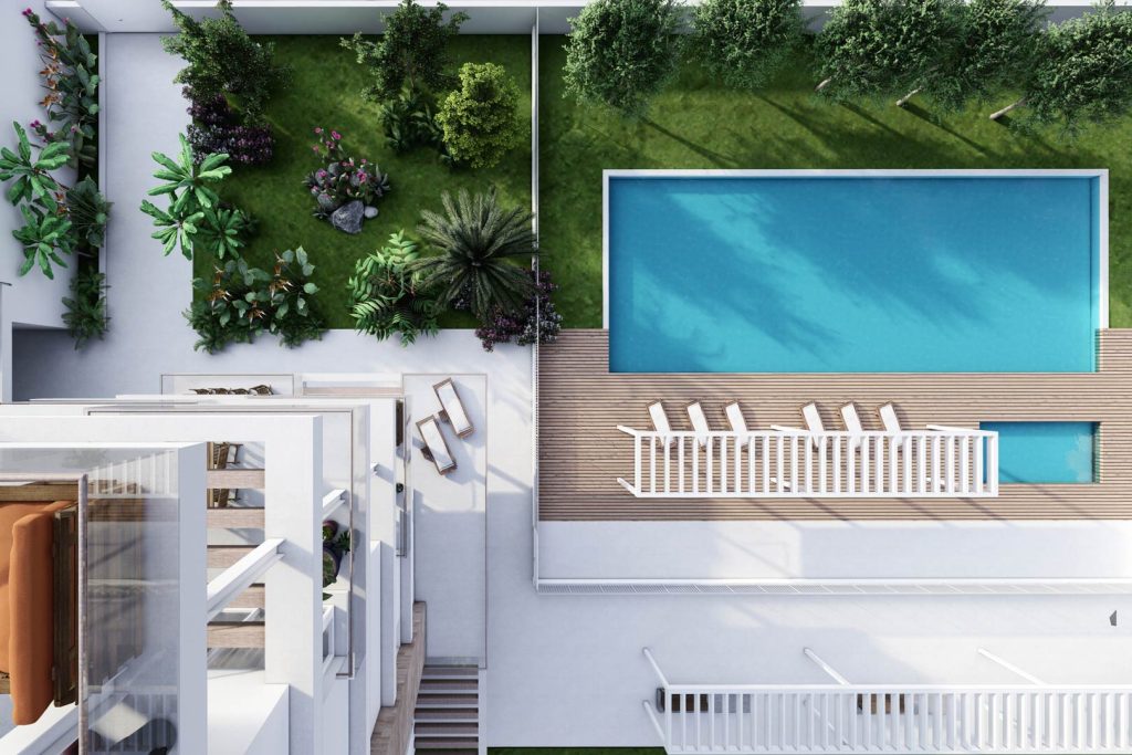 RENDER-PROMOCION-PISCINA-REBEL-CAPYBARA Render vista cenital de piscina comunitaria y jardín en Calpe. Por Rebel Capybara Studio.