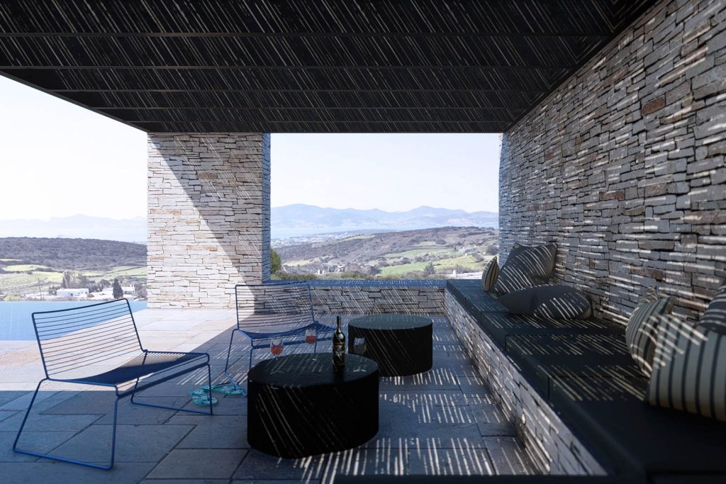 RENDER-VILLA-GRIEGA-REBEL-CAPYBARA Render exterior de terraza villa griega con vistas al mar y paredes de piedra. Por Rebel Capybara Studio.