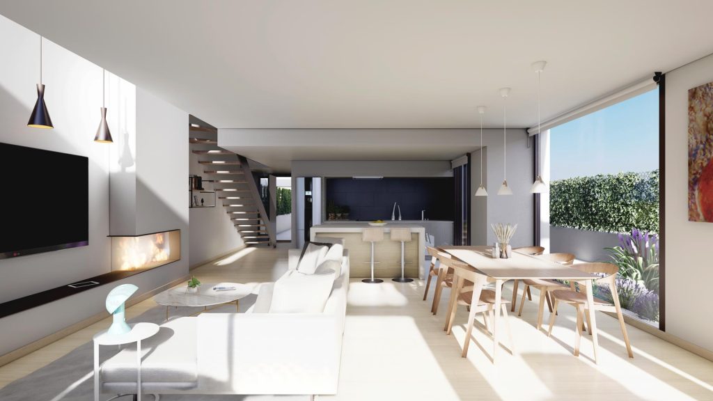 01-INTERIOR-MODERNO-REBEL-CAPYBARA Render interior vivienda moderna para promoción inmobiliaria. Por Rebel Capybara Studio.