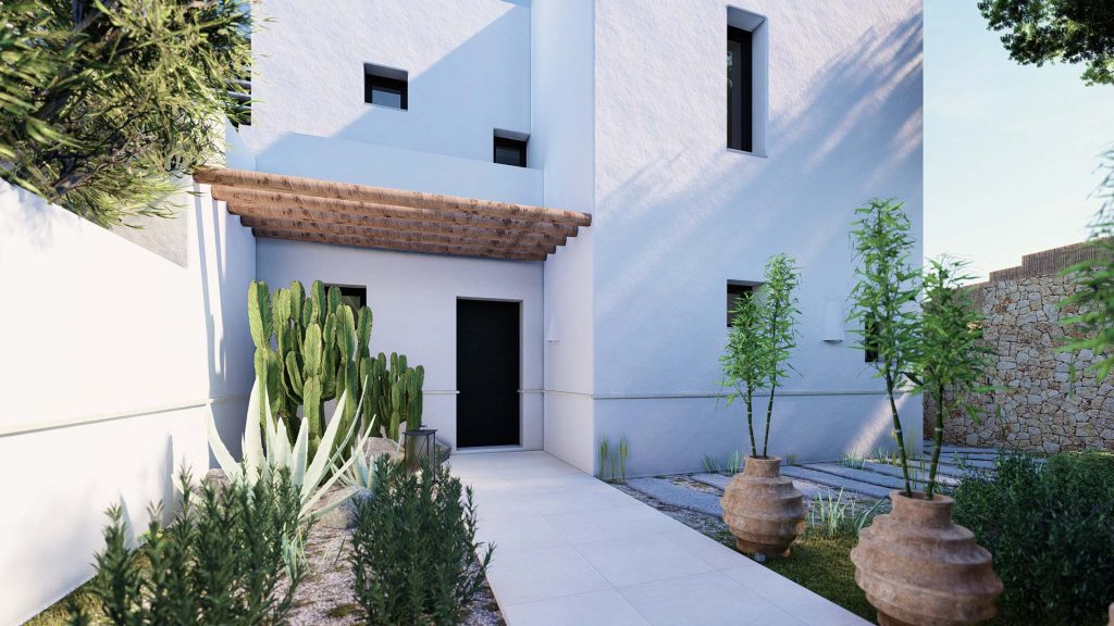 01-PAREADO-MEDITERRANEO-REBEL-CAPYBARA Render exterior de acceso desde jardín privado a vivienda estilo ibicenco con piscina y muros de piedra. Por Rebel Capybara Studio.