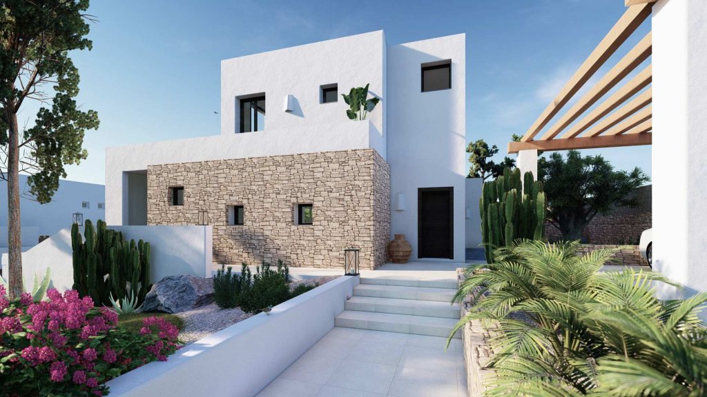 01-UNIFAMILIAR-LUJO-REBEL-CAPYBARA Render exterior de jardin de acceso a vivienda estilo ibicenco con piscina y pergolas de madera. Por Rebel Capybara Studio.