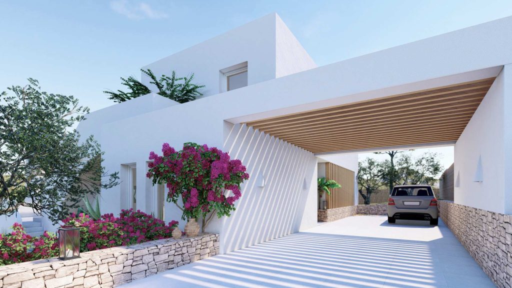 01-UNIFAMILIAR-MORAIRA-REBEL-CAPYBARA Render exterior de acceso a vivienda unifamiliar estilo ibicenco con pergolas de madera y jardin. Por Rebel Capybara Studio.