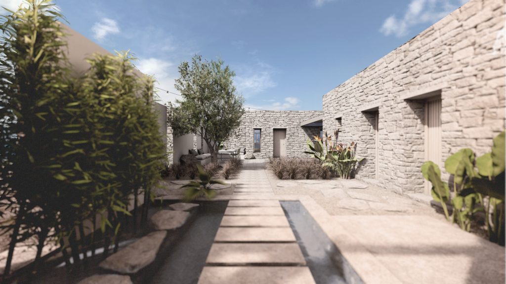 01-VILLA-GRIEGA-REBEL-CAPYBARA Render exterior acceso sobre lámina de agua villa griega. Por Rebel Capybara Studio.