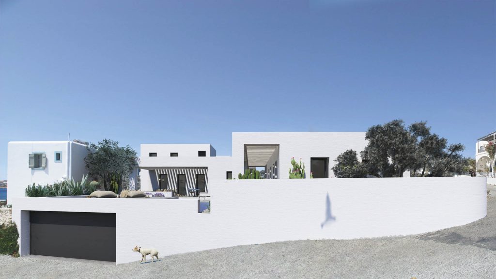 01-VILLA-MEDITERRANEA-REBEL-CAPYBARA Render exterior de fachada blanca de casa griega. Por Rebel Capybara Studio.