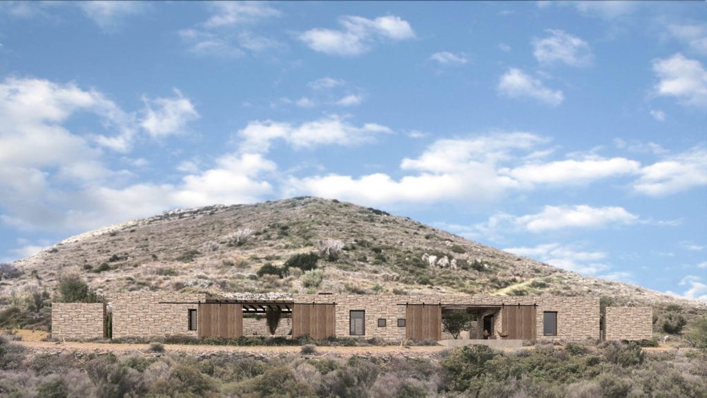 01-VILLA-PIEDRA-REBEL-CAPYBARA Render exterior de villa griega en piedra, integrada en entorno, con vegetación de secano. Por Rebel Capybara Studio.
