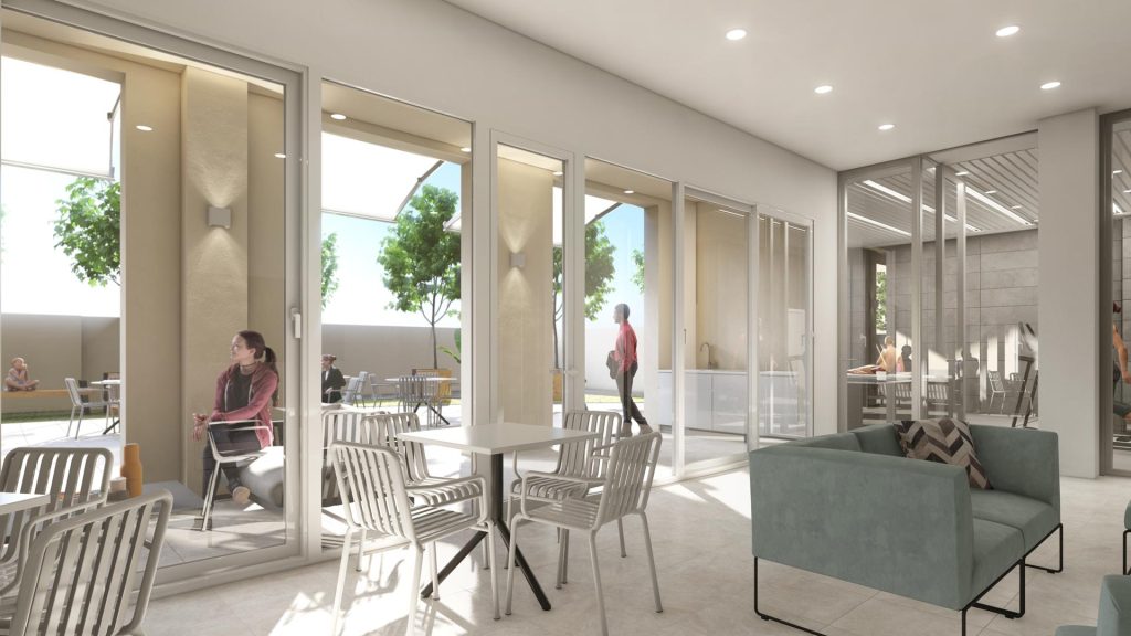 01-ZONA-COMUN-REBEL-CAPYBARA Render interior de zona común en promoción inmobiliaria. Por Rebel Capybara Studio.