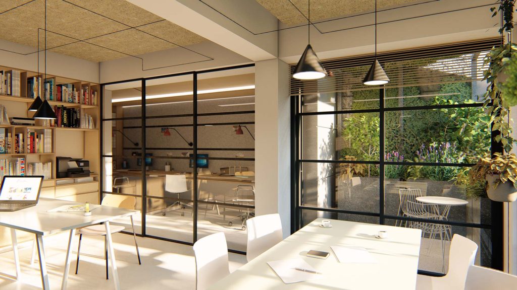 02-DESIGN-OFICINA-REBEL-CAPYBARA Render interior realista de despacho de arquitectura. Estanterías de madera con muchos libros y puestos de trabajo. Por Rebel Capybara Studio.