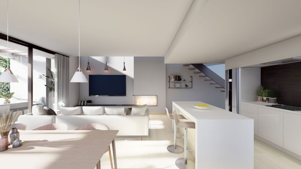 02-INTERIOR-MODERNO-REBEL-CAPYBARA Render interior vivienda moderna para promoción inmobiliaria. Por Rebel Capybara Studio.