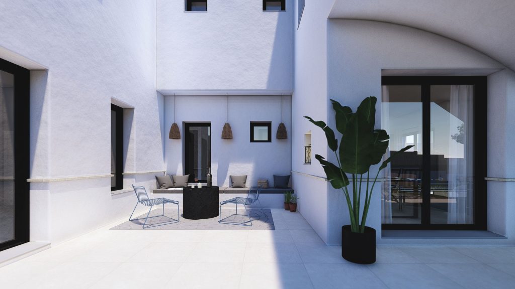 02-PAREADO-MEDITERRANEO-REBEL-CAPYBARA Render exterior de zona chillout en vivienda estilo ibicenco con piscina y muros de piedra. Por Rebel Capybara Studio.