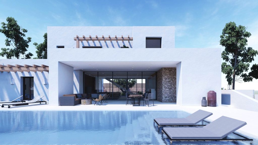 02-UNIFAMILIAR-LUJO-REBEL-CAPYBARA Render exterior de piscina en vivienda estilo ibicenco con pergolas de madera. Por Rebel Capybara Studio.