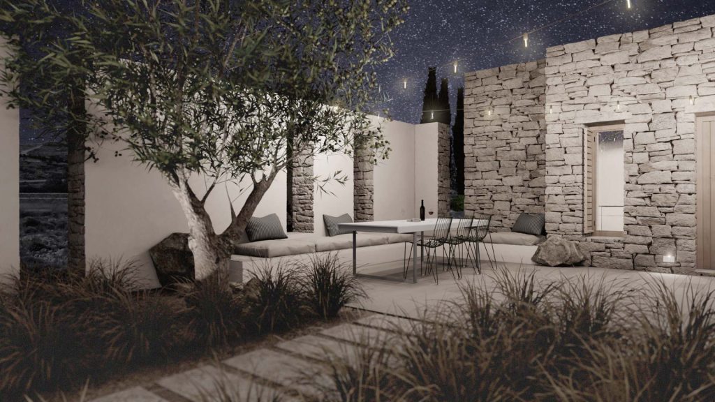 02-VILLA-GRIEGA-REBEL-CAPYBARA Render exterior nocturno de terraza en villa moderna griega, con suelo de piedra abujardado y jardín. Por Rebel Capybara Studio.