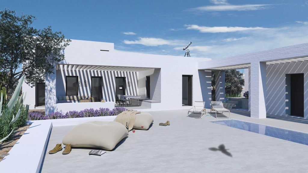 02-VILLA-MEDITERRANEA-REBEL-CAPYBARA Render exterior de terraza en casa griega blanca, con pérgola. Por Rebel Capybara Studio.