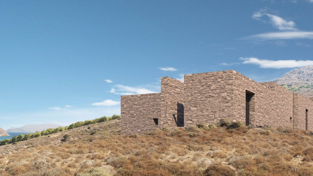 02-VILLA-MONTE-REBEL-CAPYBARA Render exterior de villa griega en piedra, integrada en entorno, con vegetación de secano. Por Rebel Capybara Studio.