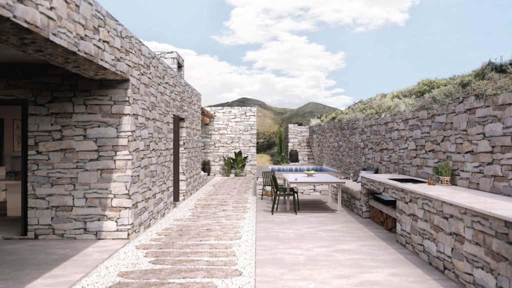 02-VILLA-PIEDRA-REBEL-CAPYBARA Render exterior de villa griega en piedra, integrada en entorno. Por Rebel Capybara Studio.