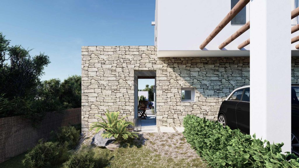 02-VIVIENDA-UNIFAMILIAR-REBEL-CAPYBARA Render exterior desde aparcamiento de vivienda estilo ibicenco. Por Rebel Capybara Studio.