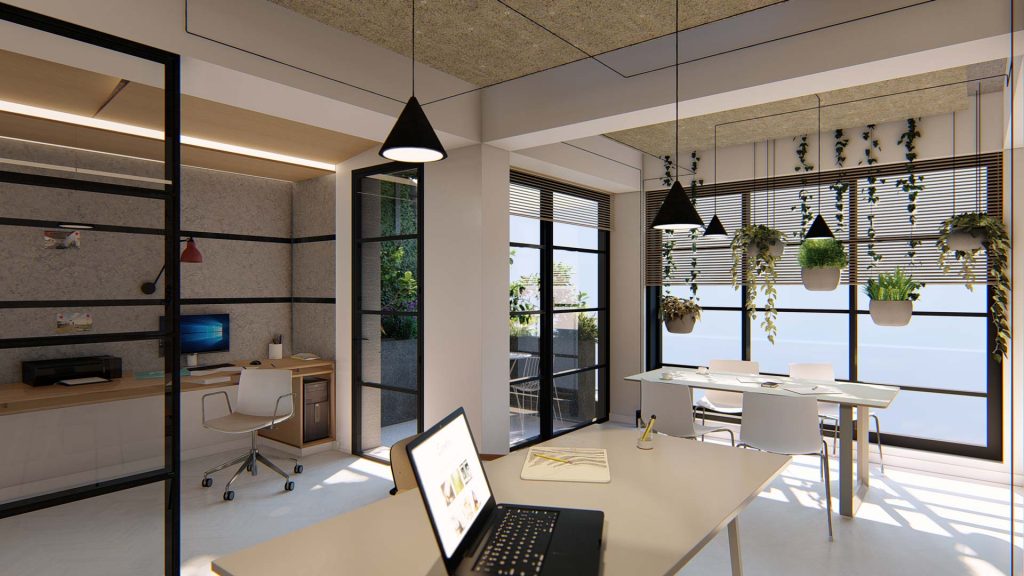 03-DESIGN-OFICINA-REBEL-CAPYBARA Render interior realista de despacho de arquitectura, con plantas colgando. Por Rebel Capybara Studio.