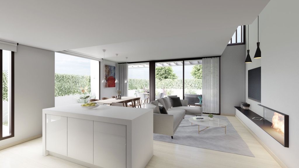 03-INTERIOR-MODERNO-REBEL-CAPYBARA Render interior con vistas a jardin privado de vivienda moderna para promoción inmobiliaria. Por Rebel Capybara Studio.