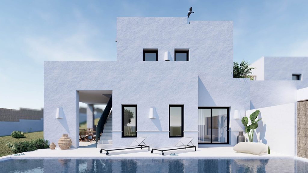 03-PAREADO-MEDITERRANEO-REBEL-CAPYBARA Render exterior de piscina en vivienda estilo ibicenco con piscina y muros de piedra. Por Rebel Capybara Studio.