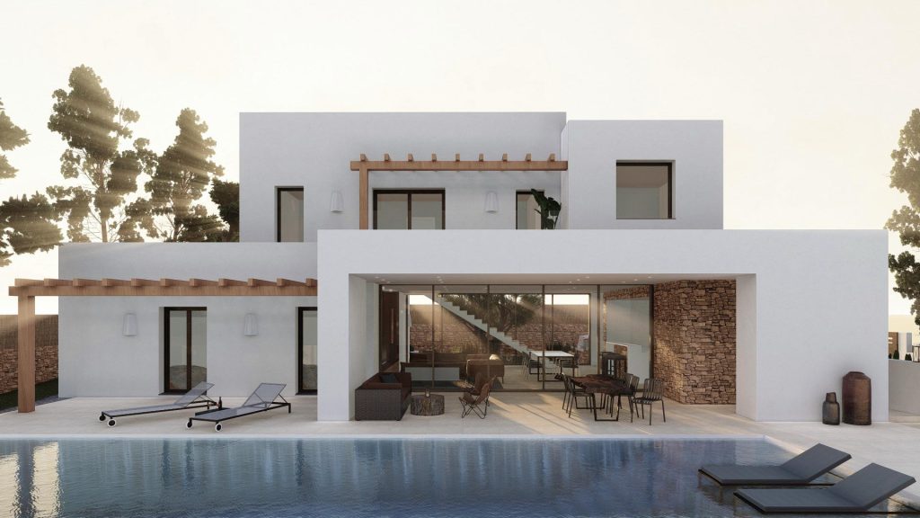 03-UNIFAMILIAR-LUJO-REBEL-CAPYBARA Render exterior de piscina en vivienda estilo ibicenco con pergolas de madera. Por Rebel Capybara Studio.