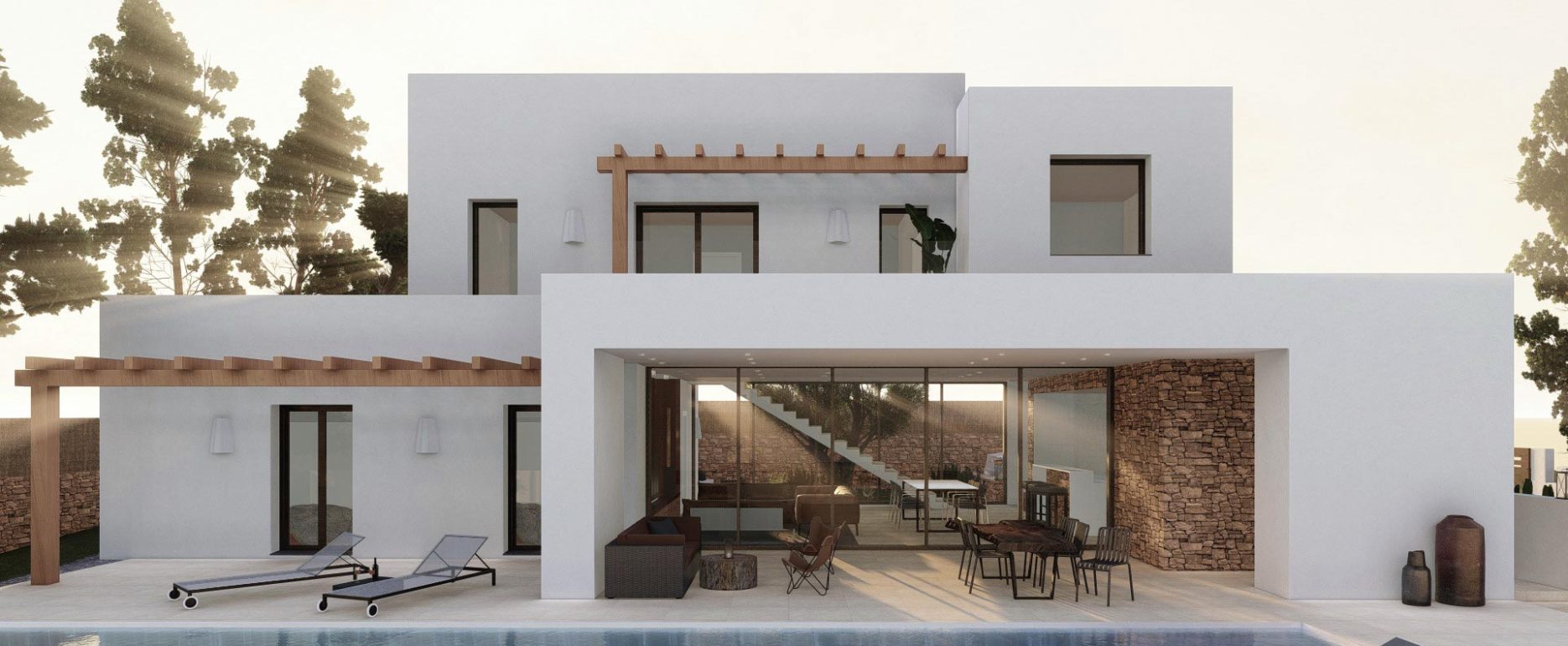 Render exterior de piscina en vivienda estilo ibicenco con pergolas de madera. Por Rebel Capybara Studio.