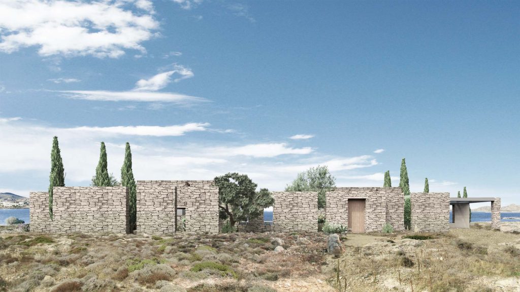 03-VILLA-GRIEGA-REBEL-CAPYBARA Render exterior de villa moderna griega con cipreses. Por Rebel Capybara Studio.