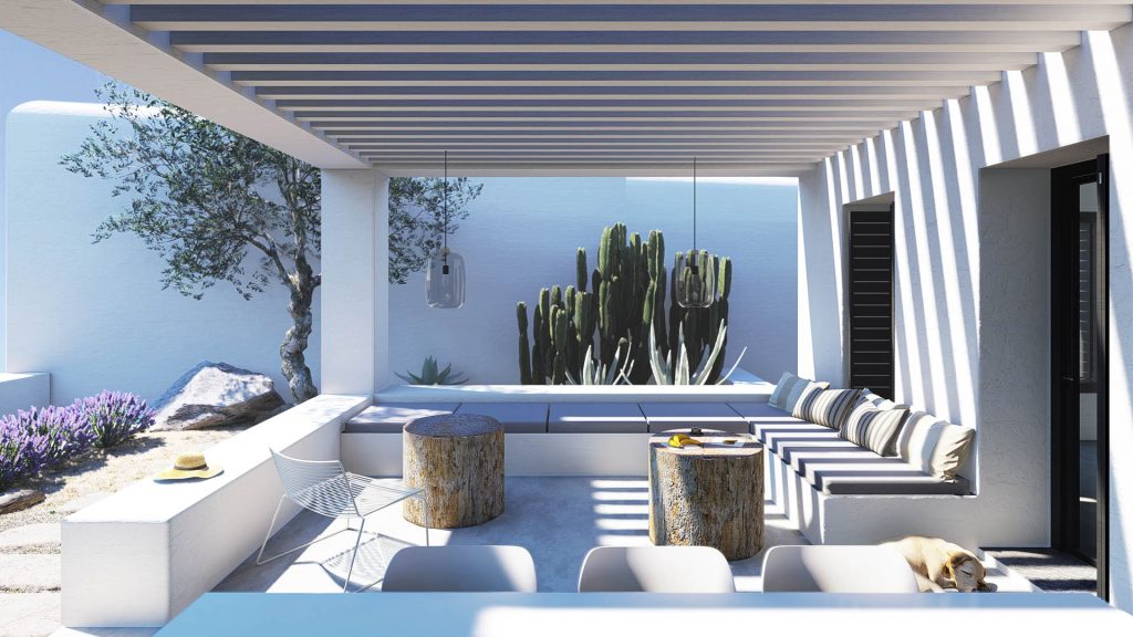 03-VILLA-MEDITERRANEA-REBEL-CAPYBARA Render exterior de terraza en casa griega blanca, con pérgola. Por Rebel Capybara Studio.