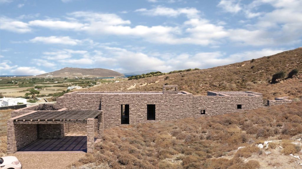 03-VILLA-MONTE-REBEL-CAPYBARA Render exterior de villa griega en piedra, integrada en entorno, con vegetación de secano. Por Rebel Capybara Studio.