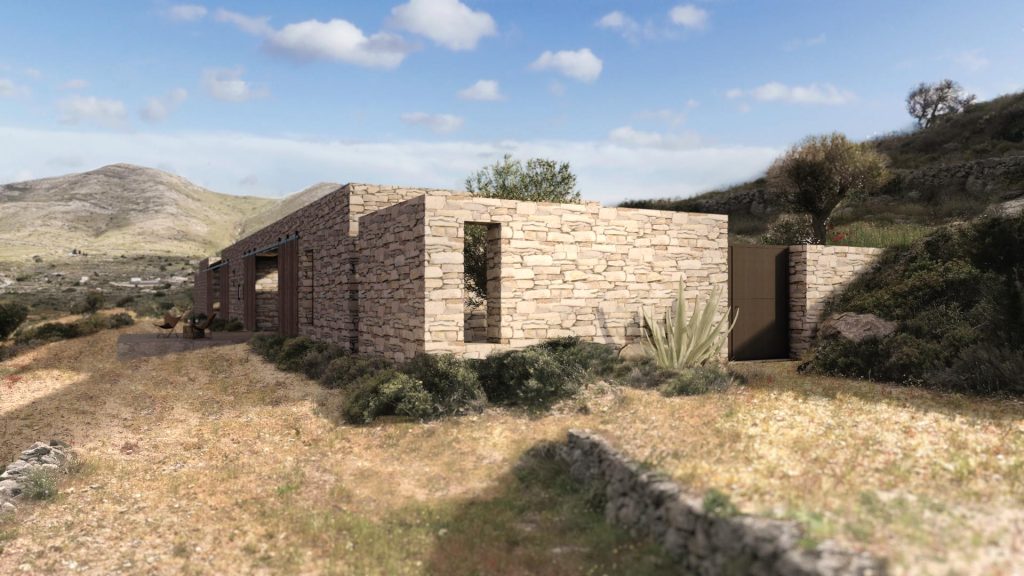 03-VILLA-PIEDRA-REBEL-CAPYBARA Render exterior de villa griega en piedra, integrada en entorno, con vegetación de secano. Por Rebel Capybara Studio.