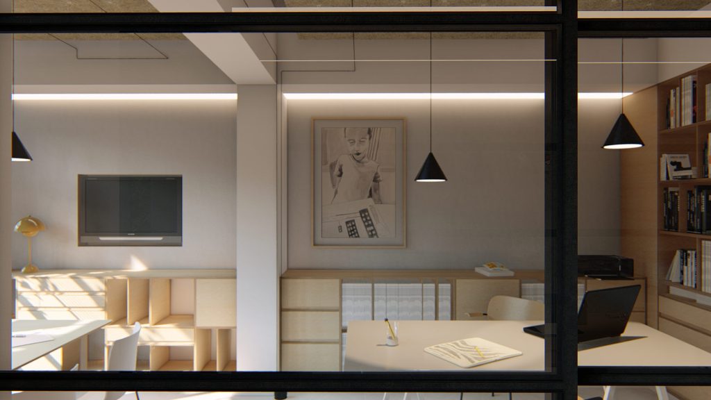 04-DESIGN-OFICINA-REBEL-CAPYBARA Render interior realista de despacho de arquitectura con estanterías de madera con muchos libros. Por Rebel Capybara Studio.