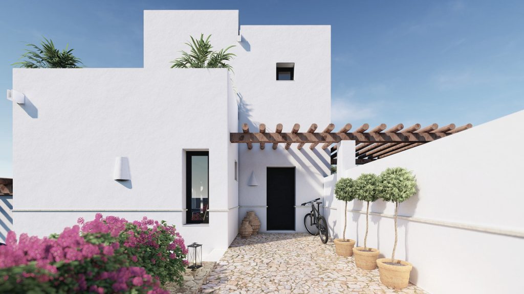 04-PAREADO-MEDITERRANEO-REBEL-CAPYBARA Render exterior de acceso desde jardín privado a vivienda estilo ibicenco con piscina y muros de piedra. Por Rebel Capybara Studio.