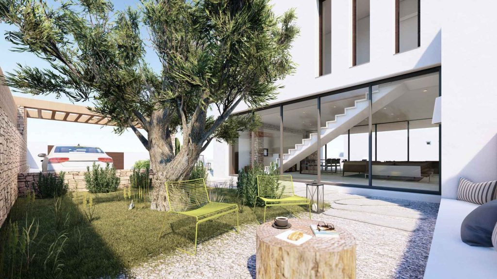 04-UNIFAMILIAR-LUJO-REBEL-CAPYBARA Render exterior de patio trasero en vivienda estilo ibicenco con vistas al comedor y la piscina. Por Rebel Capybara Studio.