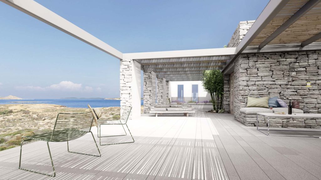 04-VILLA-GRIEGA-REBEL-CAPYBARA Render exterior de gran terraza en villa moderna griega, con suelo de piedra abujardado, pergolas de aluminio y vistas al mar. Por Rebel Capybara Studio.