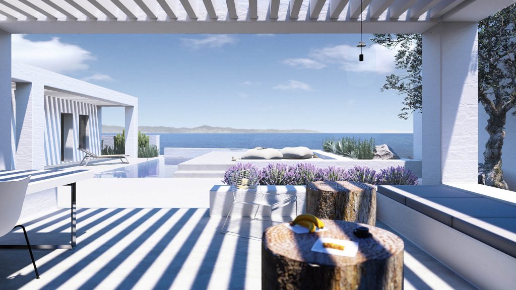 04-VILLA-MEDITERRANEA-REBEL-CAPYBARA Render exterior de terraza en casa griega blanca, con pérgola y piscina. Por Rebel Capybara Studio.