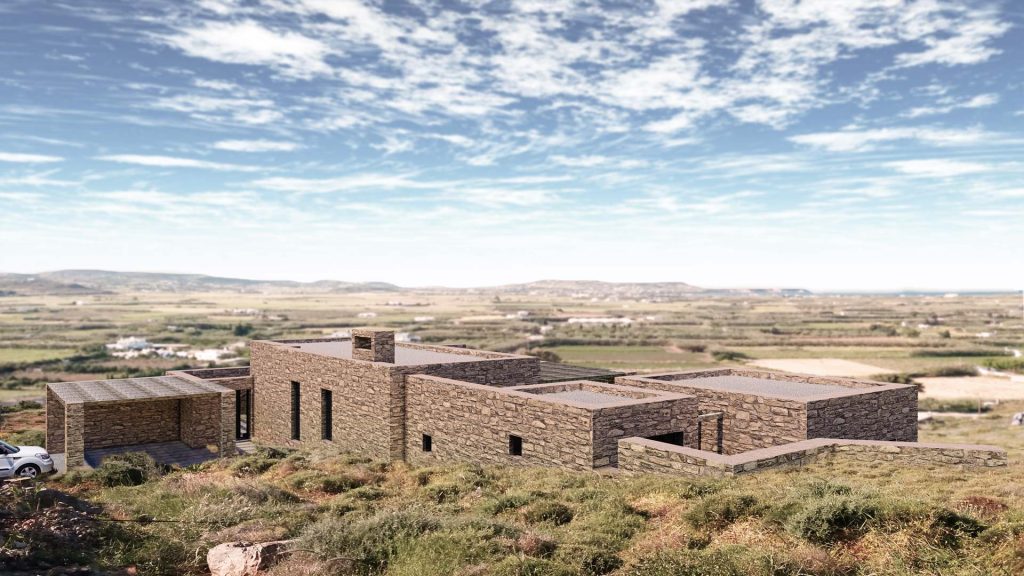 04-VILLA-MONTE-REBEL-CAPYBARA Render exterior de villa griega en piedra, integrada en entorno, con vegetación de secano. Por Rebel Capybara Studio.