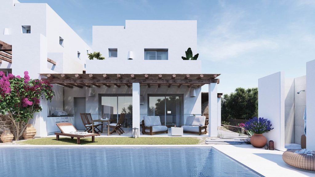 04-VIVIENDA-UNIFAMILIAR-REBEL-CAPYBARA Render exterior para promoción inmobiliaria de vivienda estilo ibicenco con piscina. Por Rebel Capybara Studio.