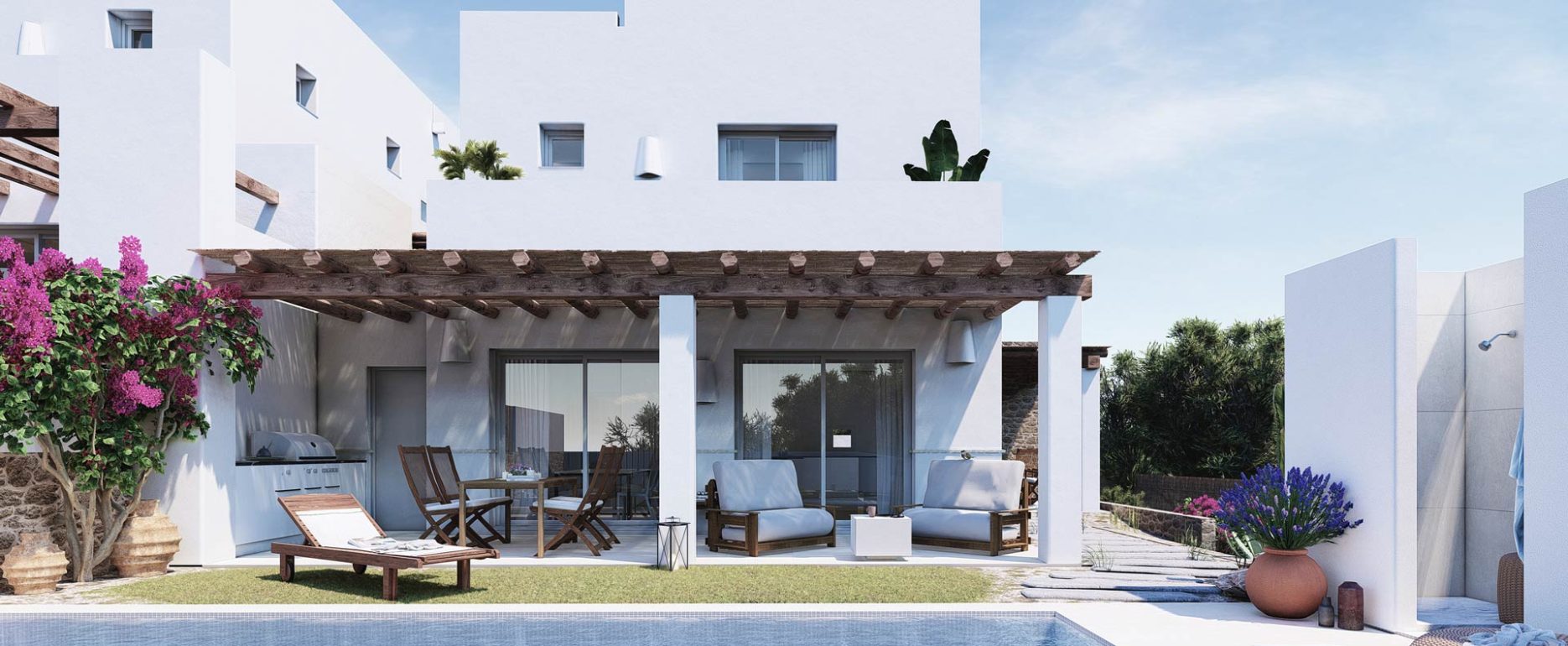 Render exterior para promoción inmobiliaria de vivienda estilo ibicenco con piscina. Por Rebel Capybara Studio.