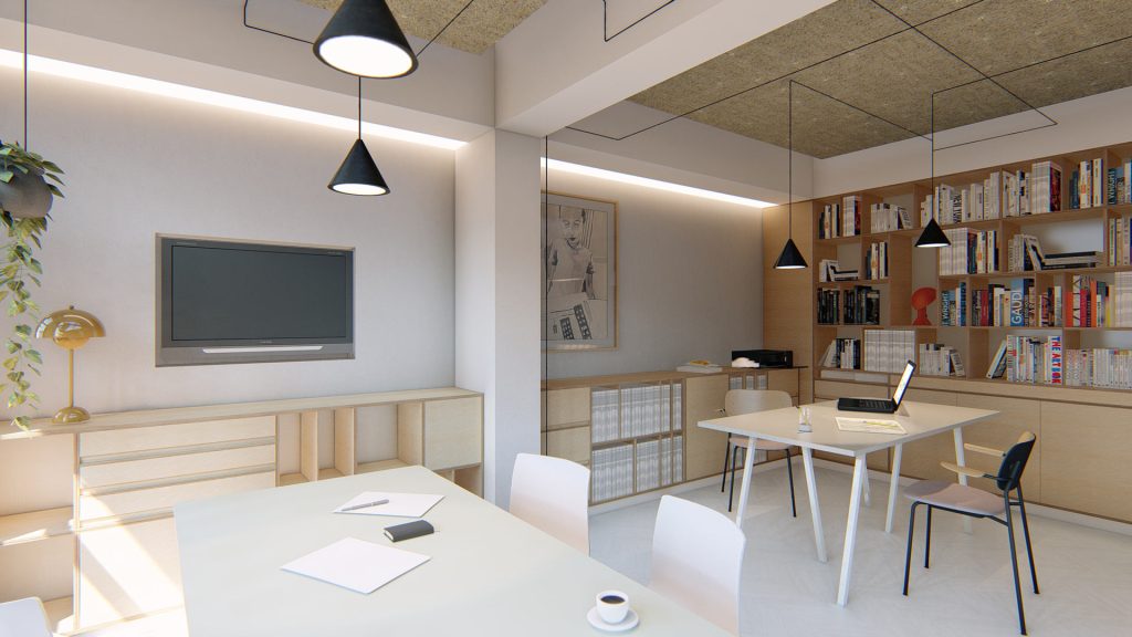 05-DESIGN-OFICINA-REBEL-CAPYBARA Render interior realista de despacho de arquitectura. Estanterías de madera con muchos libros y puestos de trabajo. Por Rebel Capybara Studio.