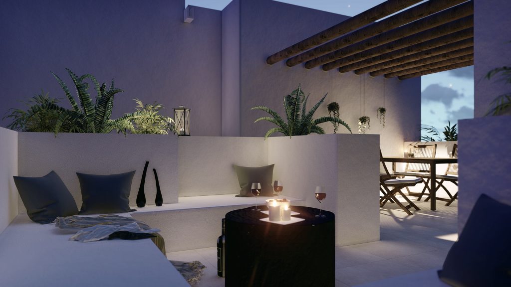 05-PAREADO-MEDITERRANEO-REBEL-CAPYBARA Render exterior nocturno de zona chillout en vivienda estilo ibicenco con piscina y muros de piedra. Por Rebel Capybara Studio.